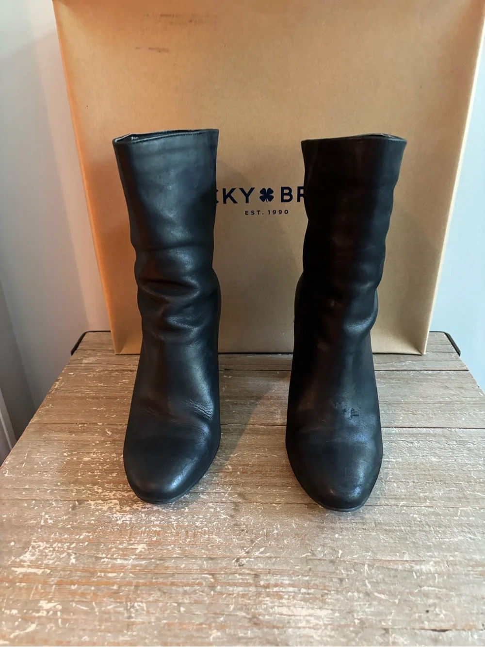 Lucky Brand Black Leather Mid-Calf Block Heel Boots